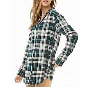 FOREVER 21 Green White Black Plaid Cotton Blend Flannel Button Down Shirt Small